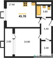 Планировка однокомнатной(квартира) площадью 45.7 квадратных метров в ЖК “ЖК Вереск”