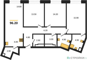 Планировка трехкомнатной(квартира) площадью 96.2 квадратных метров в “ЖК Родина Переделкино”