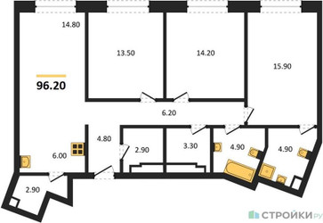 Планировка трехкомнатной(квартира) площадью 96.2 квадратных метров в ЖК “ЖК Родина Переделкино”