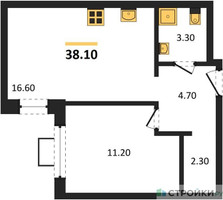 Планировка однокомнатной(квартира) площадью 37.9 квадратных метров в “ЖК Лучи-2”