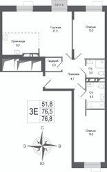Планировка трехкомнатной(квартира) площадью 76.5 квадратных метров в ЖК “ЖК КИНОКВАРТАЛ”