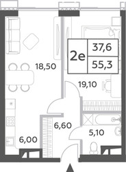Планировка двухкомнатной(квартира) площадью 55.3 квадратных метров в ЖК “ЖК Will Towers (Вилл Тауэрс)”