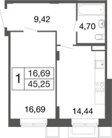 Планировка однокомнатной(квартира) площадью 45.25 квадратных метров в “ЖК Времена года”