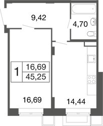 Планировка однокомнатной(квартира) площадью 45.25 квадратных метров в ЖК “ЖК Времена года”