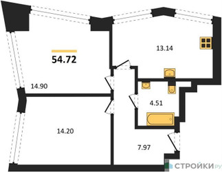 Планировка двухкомнатной(квартира) площадью 54.72 квадратных метров в ЖК “UNO Горбунова”