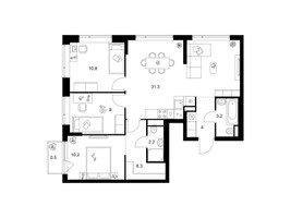 Планировка трехкомнатной(квартира) площадью 77.5 квадратных метров в “Бунинская набережная”