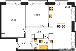 Планировка двухкомнатной(квартира) площадью 65.6 квадратных метров в “ЖК The LAKE (Лэйк)”