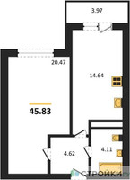 Планировка однокомнатной(квартира) площадью 45.83 квадратных метров в “ЖК Домодедово Парк”