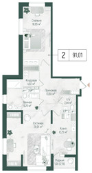 Планировка двухкомнатной(квартира) площадью 92.39 квадратных метров в ЖК “ЖК Рига Хиллс”