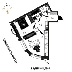 Планировка двухкомнатной(квартира) площадью 42.4 квадратных метров в ЖК “ЖК Интеллигент”