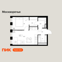 Планировка однокомнатной(квартира) площадью 38 квадратных метров в “ЖК Москворечье”