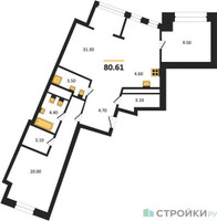 Планировка трехкомнатной(квартира) площадью 80.61 квадратных метров в “ЖК Маршал”