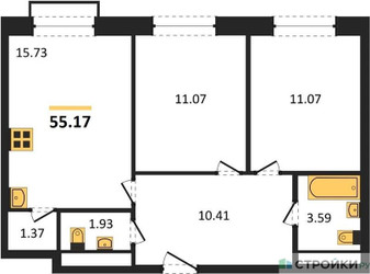 Планировка двухкомнатной(квартира) площадью 55.17 квадратных метров в ЖК “ЖК Квартал Румянцево (МелиСад)”