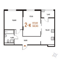 Планировка двухкомнатной(квартира) площадью 58.9 квадратных метров в “ЖК Новое Летово”