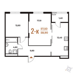 Планировка двухкомнатной(квартира) площадью 58.9 квадратных метров в ЖК “ЖК Новое Летово”