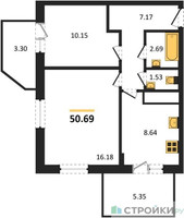 Планировка двухкомнатной(квартира) площадью 50.69 квадратных метров в “ЖК ВОСТОК II”