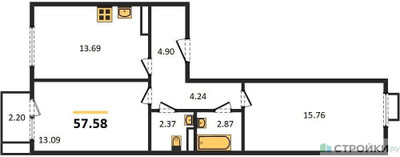 Планировка двухкомнатной(квартира) площадью 57.58 квадратных метров в ЖК “Пятницкие луга”
