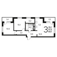 Планировка трехкомнатной(квартира) площадью 60.1 квадратных метров в “Новые Ватутинки. Заречный”