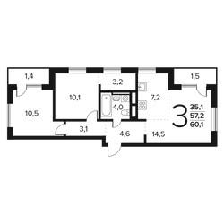 Планировка трехкомнатной(квартира) площадью 60.1 квадратных метров в ЖК “Новые Ватутинки. Заречный”