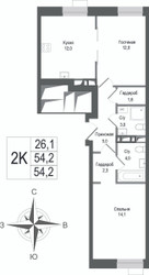 Планировка двухкомнатной(квартира) площадью 54.2 квадратных метров в ЖК “ЖК КИНОКВАРТАЛ”
