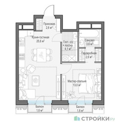 Планировка однокомнатной(квартира) площадью 52.2 квадратных метров в ЖК “Квартал Тишинский Бульвар”