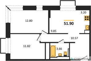 Планировка двухкомнатной(квартира) площадью 51.9 квадратных метров в “ЖК Долина Яузы”