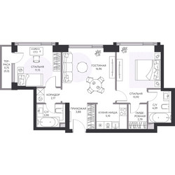 Планировка трехкомнатной(квартира) площадью 66.1 квадратных метров в ЖК “ЖК Hide (Хайд)”