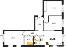 Планировка трехкомнатной(квартира) площадью 60.7 квадратных метров в “ЖК Лучи-2”