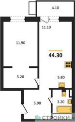 Планировка однокомнатной(квартира) площадью 44.3 квадратных метров в ЖК “ЖК Союзный”