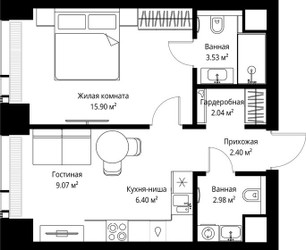 Планировка однокомнатной(квартира) площадью 42.32 квадратных метров в ЖК “ЖК Веер”