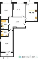 Планировка трехкомнатной(квартира) площадью 73.3 квадратных метров в “ЖК Бунинские кварталы”