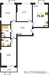 Планировка трехкомнатной(квартира) площадью 73.3 квадратных метров в ЖК “ЖК Бунинские кварталы”