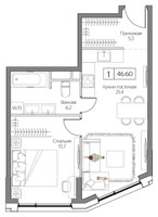 Планировка однокомнатной(квартира) площадью 46 квадратных метров в “ЖК Dream Riva (Дрим Рива)”