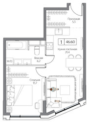 Планировка однокомнатной(квартира) площадью 46 квадратных метров в ЖК “ЖК Dream Riva (Дрим Рива)”