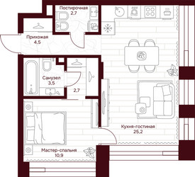Планировка однокомнатной(квартира) площадью 49.5 квадратных метров в ЖК “ЖК Дом 7 Даниловский”