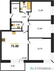 Планировка трехкомнатной(квартира) площадью 74.6 квадратных метров в ЖК “ЖК Одинцовские кварталы”