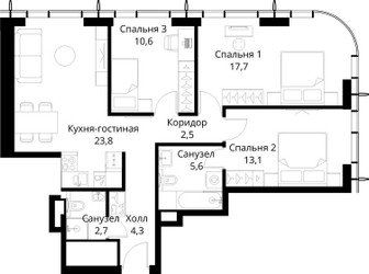 Планировка трехкомнатной(квартира) площадью 80.3 квадратных метров в ЖК “ЖК Сити Бэй”