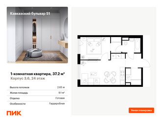 Планировка однокомнатной(квартира) площадью 37.2 квадратных метров в ЖК “ЖК Кавказский бульвар 51”