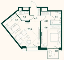 Планировка однокомнатной(квартира) площадью 57.4 квадратных метров в “ЖК Клубный город на реке Primavera (Примавера)”