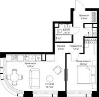 Планировка однокомнатной(квартира) площадью 49.4 квадратных метров в “ЖК Веер”