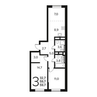 Планировка трехкомнатной(квартира) площадью 59.7 квадратных метров в “Новые Ватутинки. Заречный”