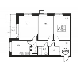 Планировка трехкомнатной(квартира) площадью 76.5 квадратных метров в ЖК “ЖК Космос”