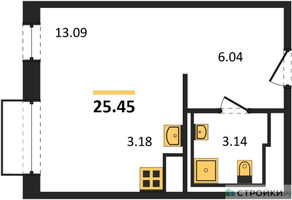 Планировка студии(квартира) площадью 25.45 квадратных метров в “ЖК Новое Внуково”