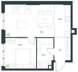 Планировка двухкомнатной(квартира) площадью 43.2 квадратных метров в ЖК “ЖК Level Мичуринский”