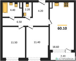 Планировка двухкомнатной(квартира) площадью 60.1 квадратных метров в “ЖК Прокшино”
