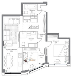 Планировка двухкомнатной(квартира) площадью 67 квадратных метров в ЖК “ЖК Дрим Рива”