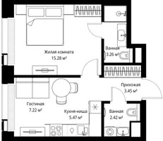 Планировка однокомнатной(квартира) площадью 37.1 квадратных метров в “ЖК Веер”