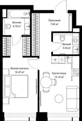 Планировка однокомнатной(квартира) площадью 47 квадратных метров в ЖК “ЖК Веер”