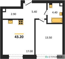 Планировка однокомнатной(квартира) площадью 43.2 квадратных метров в ЖК “ЖК Shagal (Шагал)”