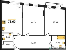 Планировка двухкомнатной(квартира) площадью 73.6 квадратных метров в “ЖК Эльйон”